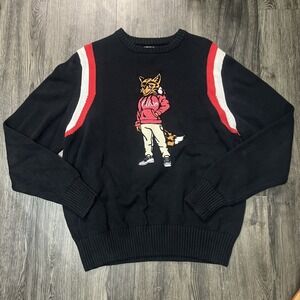 Vintage Y2K Akoo Sweater Men Sz XL Black Akoo Fox Graphic Print Red White Stripe